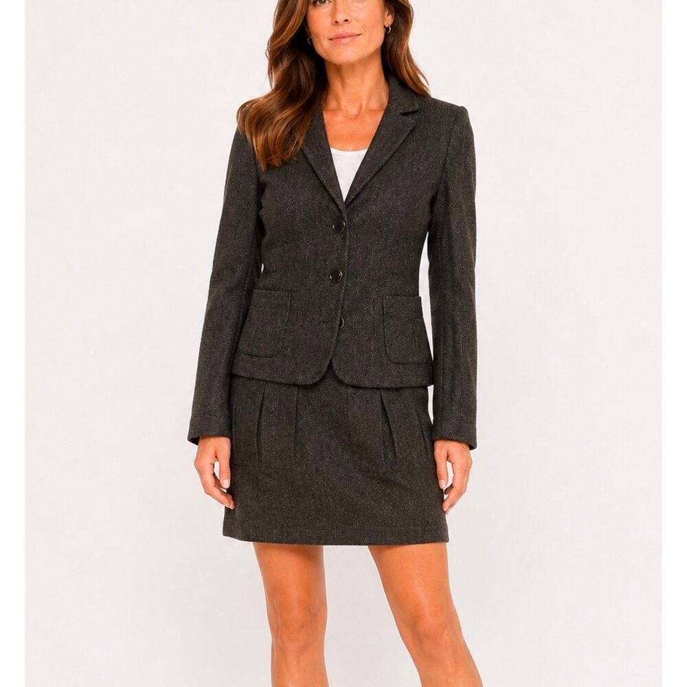 NWT Max Studio Brown Herringbone Wool Blend Skirt Suit Set M Academia Vintage